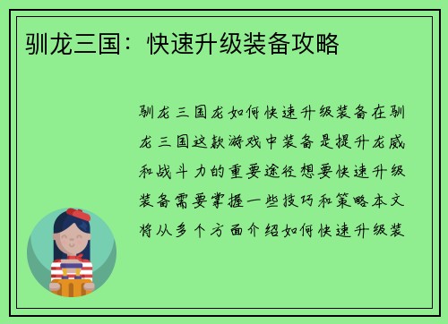 驯龙三国：快速升级装备攻略